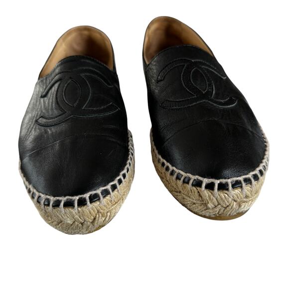 Chanel Black Leather Interlocking CC Logo Espadrilles Flats Size EU 39 - Picture 9 of 14